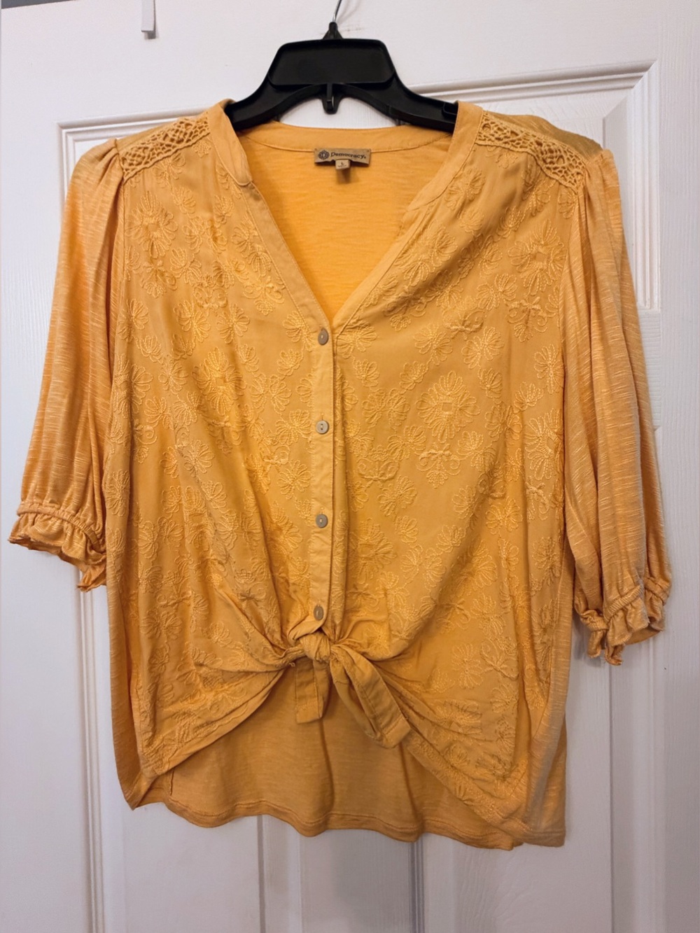 Democracy Mustard Embroidered Tie-Front Blouse